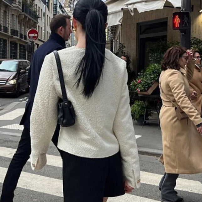 Women's Boucle Jacket with Gold-Embellished Buttons and Boxy Cropped Cut Chichicherry
