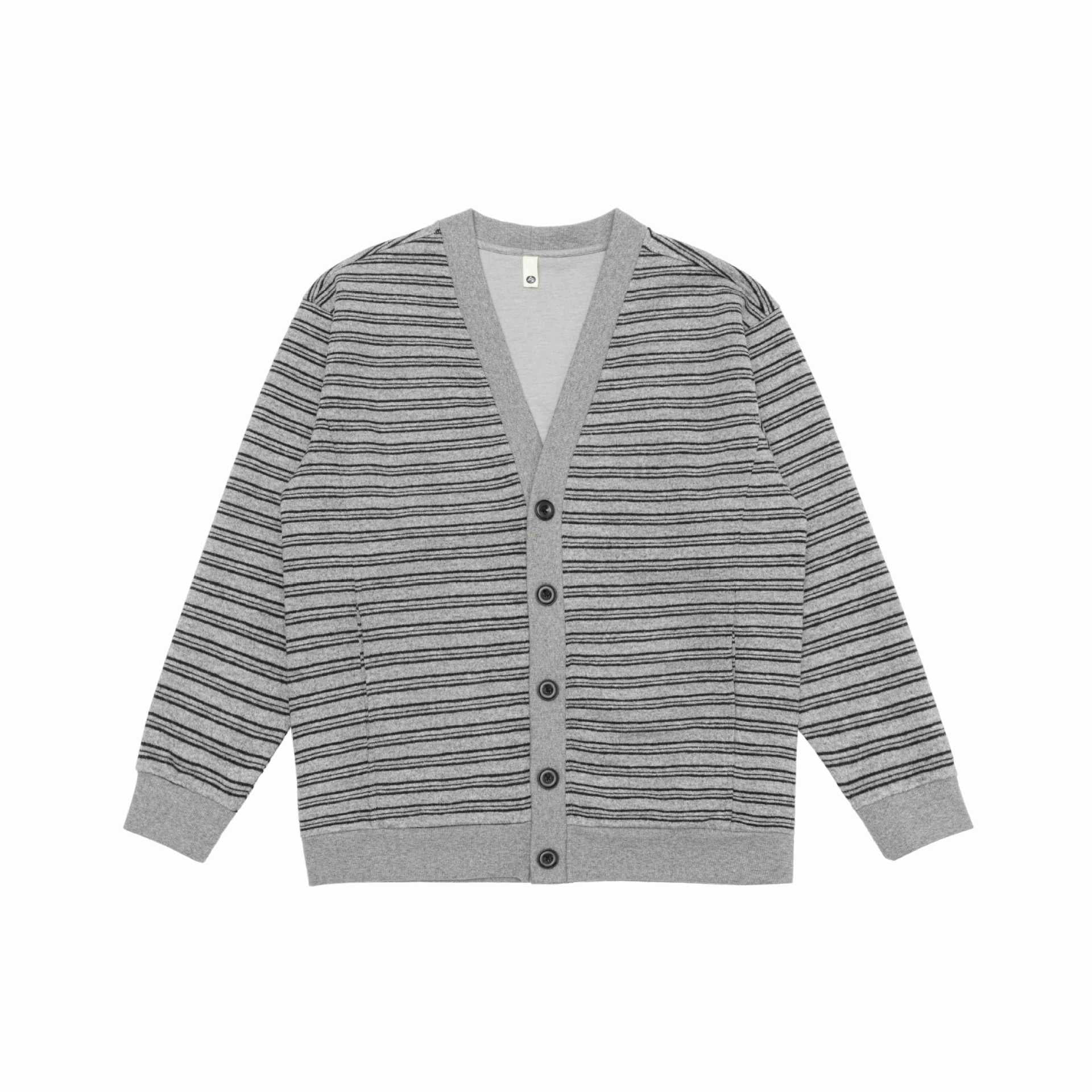 Men's Striped Button Cardigan with V-Neck, Patch Pockets and Ribbed Cuffs Chichicherry