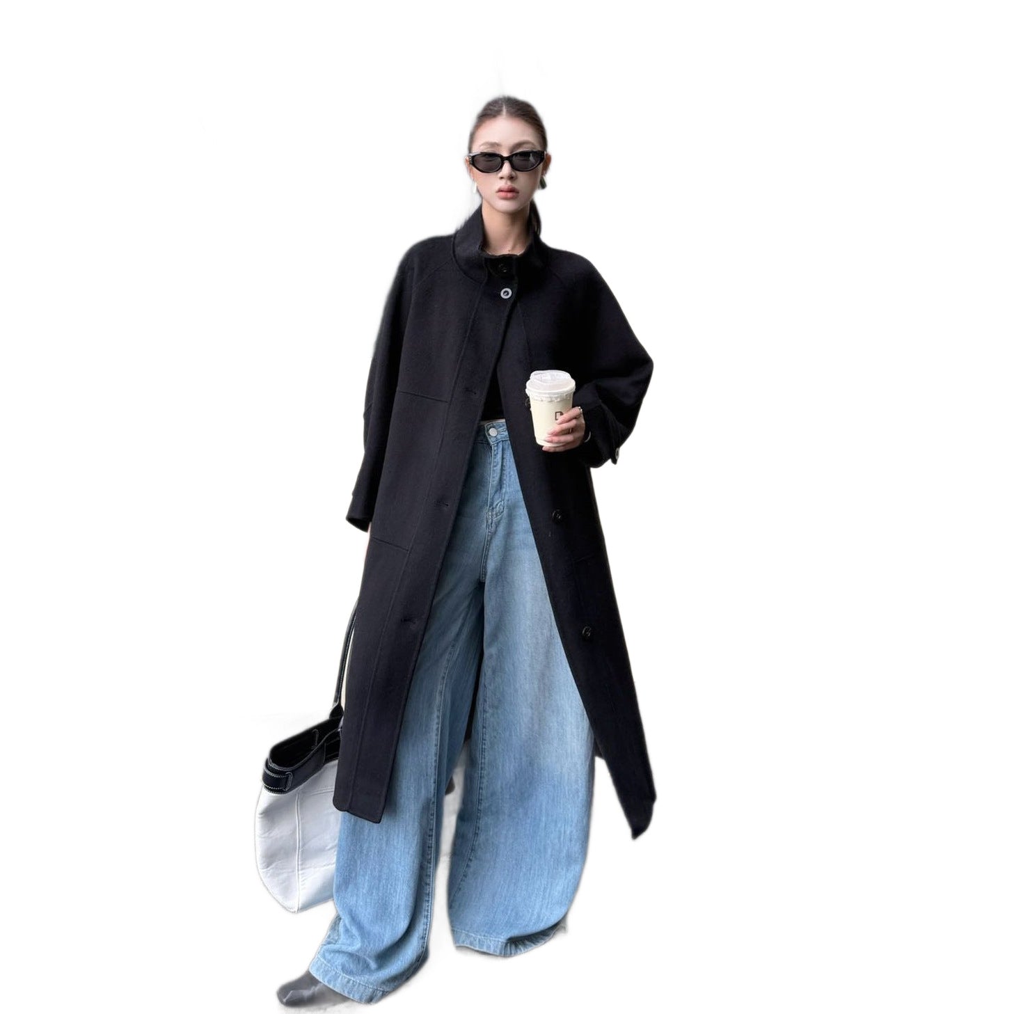 Women's Oversized Wool Coat with Stand-Up Collar and Large Flap Pockets Chichicherry