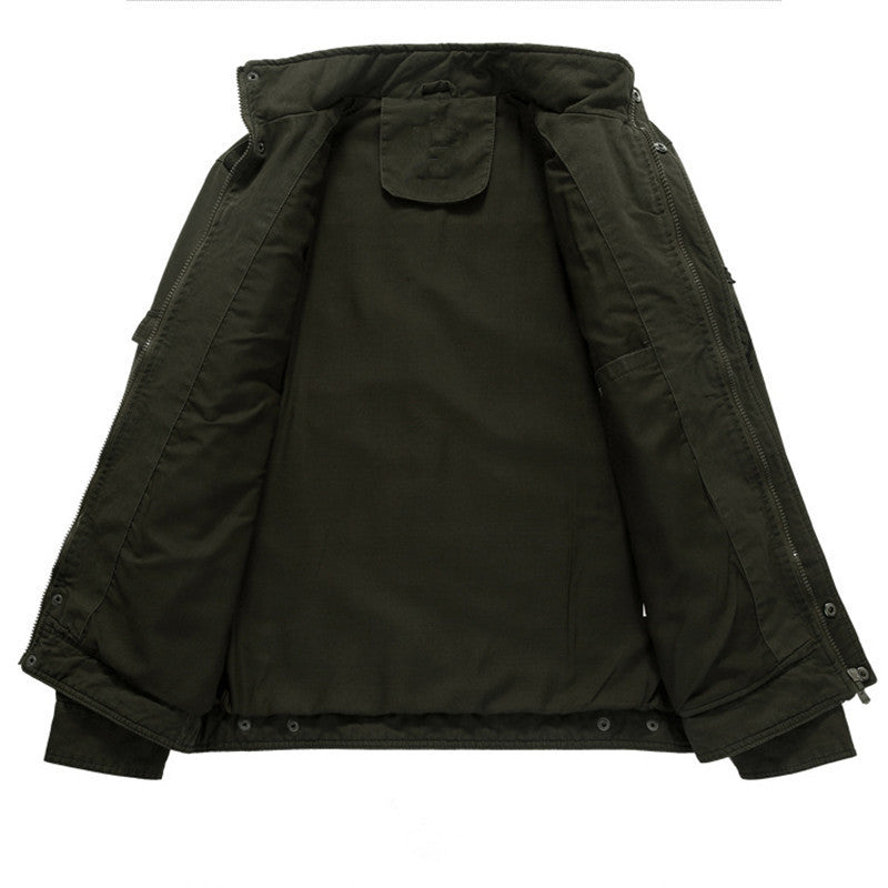 Men's canvas field jacket in military utility style with stand-up collar, epaulettes, and multifunctional pockets Chichicherry