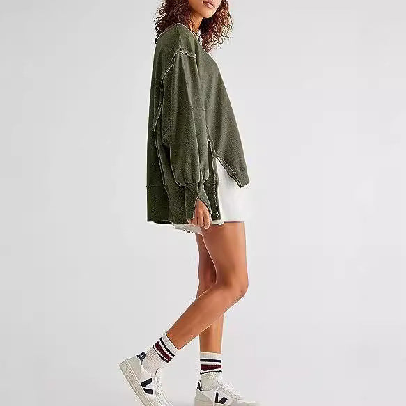 Damen Oversized Sweatshirt mit Ballonärmeln, seitlichen Schlitzen und offenen Kanten Chichicherry