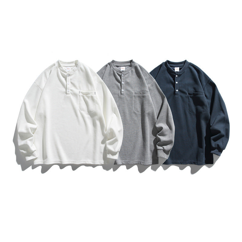 Unisex Oversize Waffle Henley with Raglan Sleeves and Chest Pocket Chichicherry