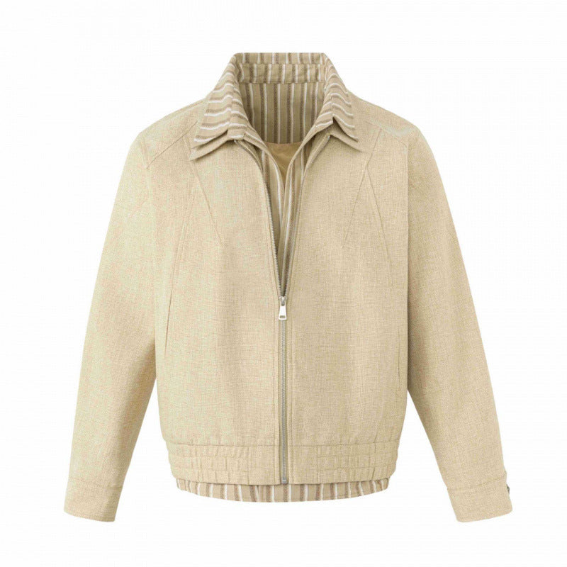 Unisex Lightweight Boxy Transitional Jacket made of Linen Blend with Notched Collar and Inside Striped Trim Chichicherry