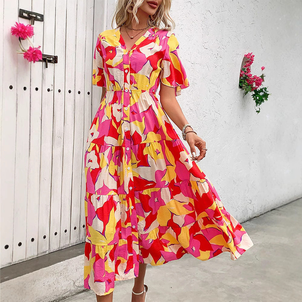 Women Tiered Midi Dress with Continuous Button Placket, Fitted Elastic Waistband and Ruffle Sleeves Chichicherry