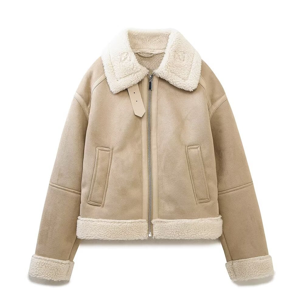 Women's High-Cut Pilot Jacket made of Vegan Leather Look with Teddy Lining and Zipper Chichicherry