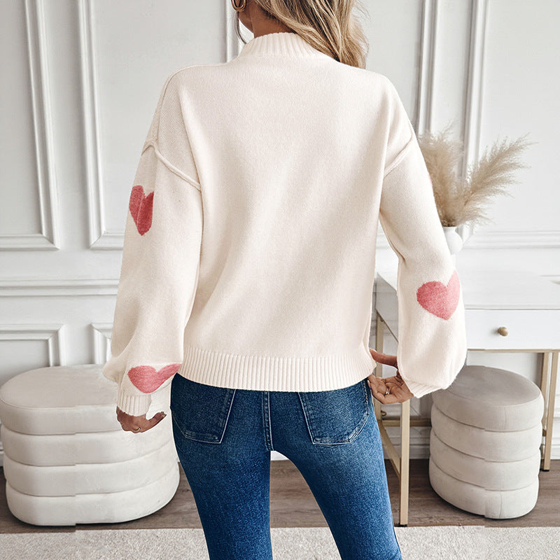 Women's Cozy Knit Sweater with Heart Intarsias and Stand-Up Collar Chichicherry