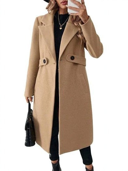 Women's mid-length wool blend coat with waist flap and classic lapel Chichicherry