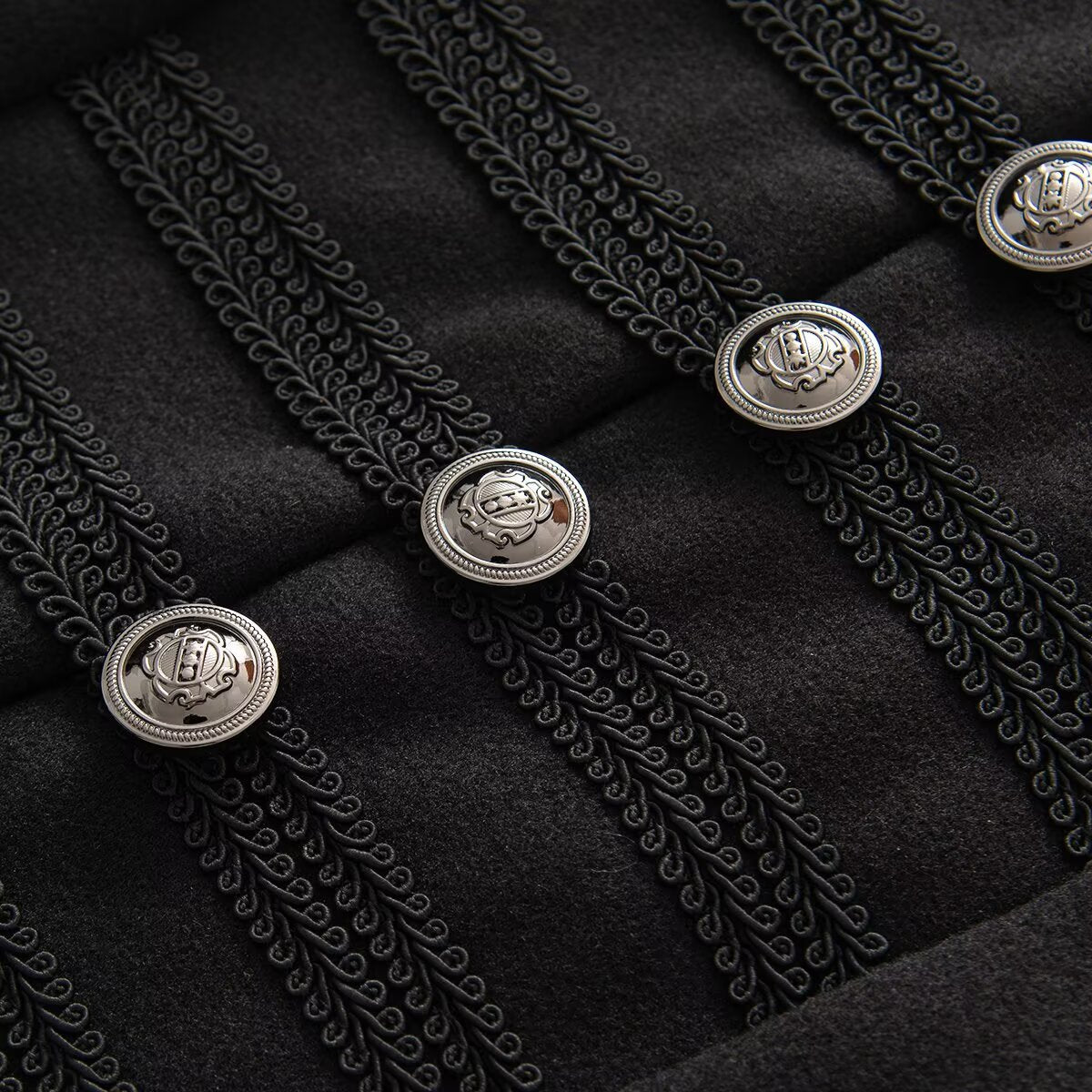 Women's short jacket in hussar style with stand-up collar, decorative cords and metal button placket Chichicherry