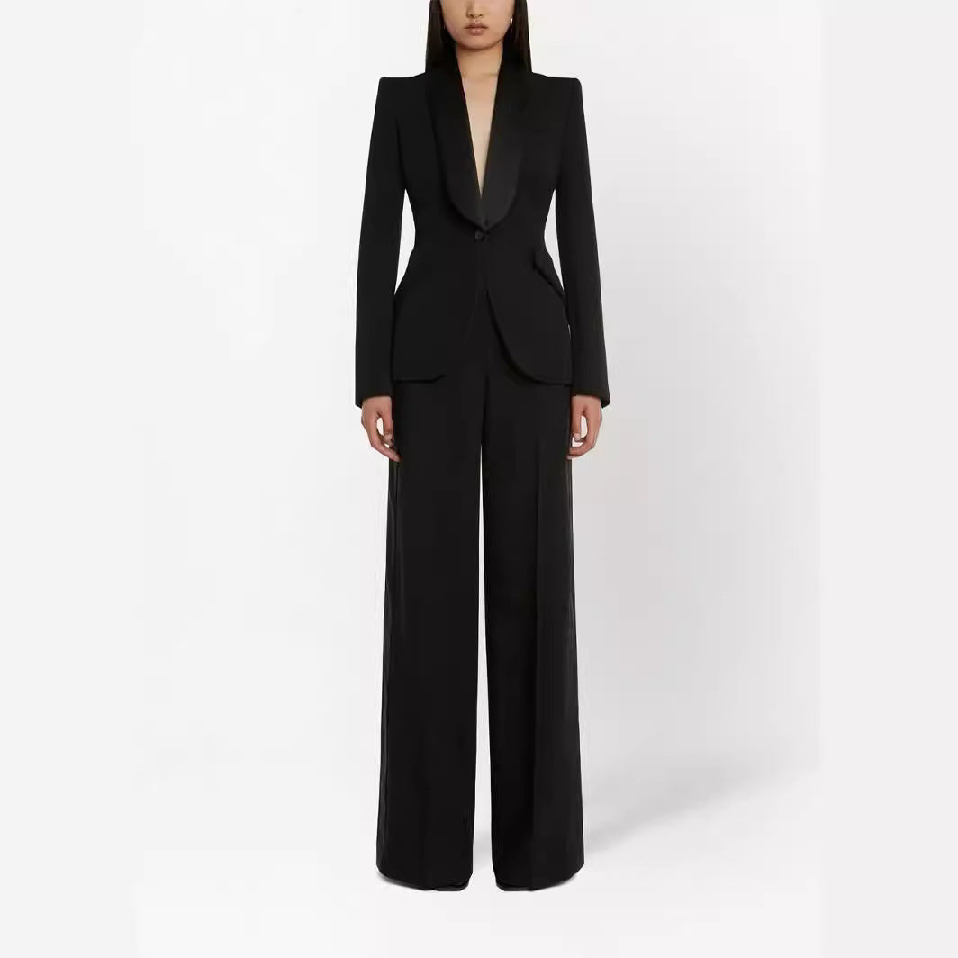Women Elegant Tuxedo Set in Tailoring with Tailored Single-Breasted Blazer and Wide Palazzo Pants Chichicherry