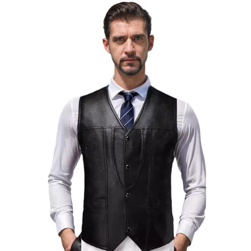 Men's Sleeveless Tailored Leather Vest with V-Neck, Decorative Seams and Button Placket Chichicherry