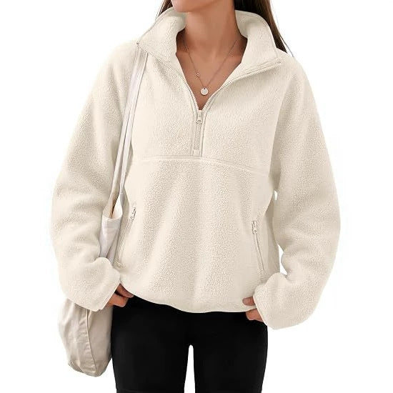 Women's Oversize Sherpa Fleece Pullover with Half Zip and Kangaroo Pocket Chichicherry
