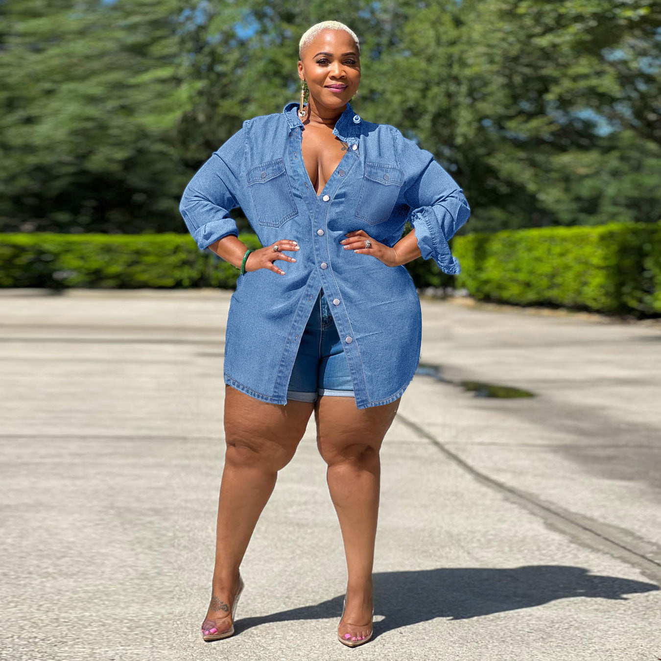Ladies Oversized Denim Shirt Blouse in Longline Cut with Rolled Sleeves and Breast Pockets Chichicherry