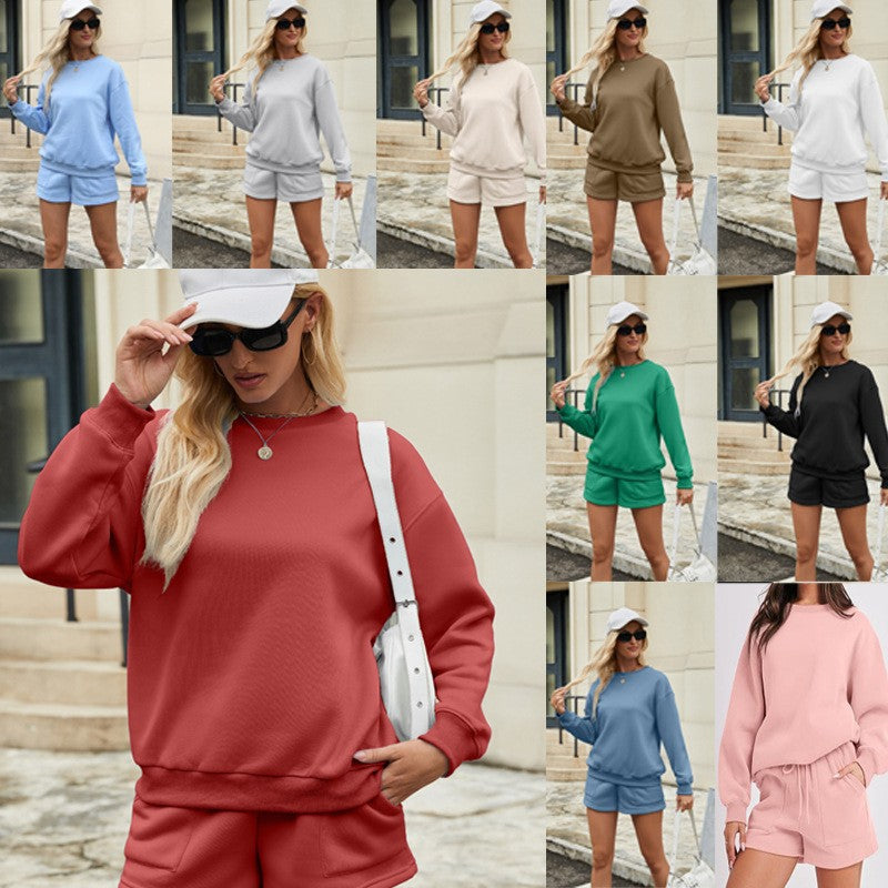 Women's Casual Two-Piece Lounge Sweatset with Oversized Round Neck Sweatshirt and High-Waist Relax Shorts Chichicherry