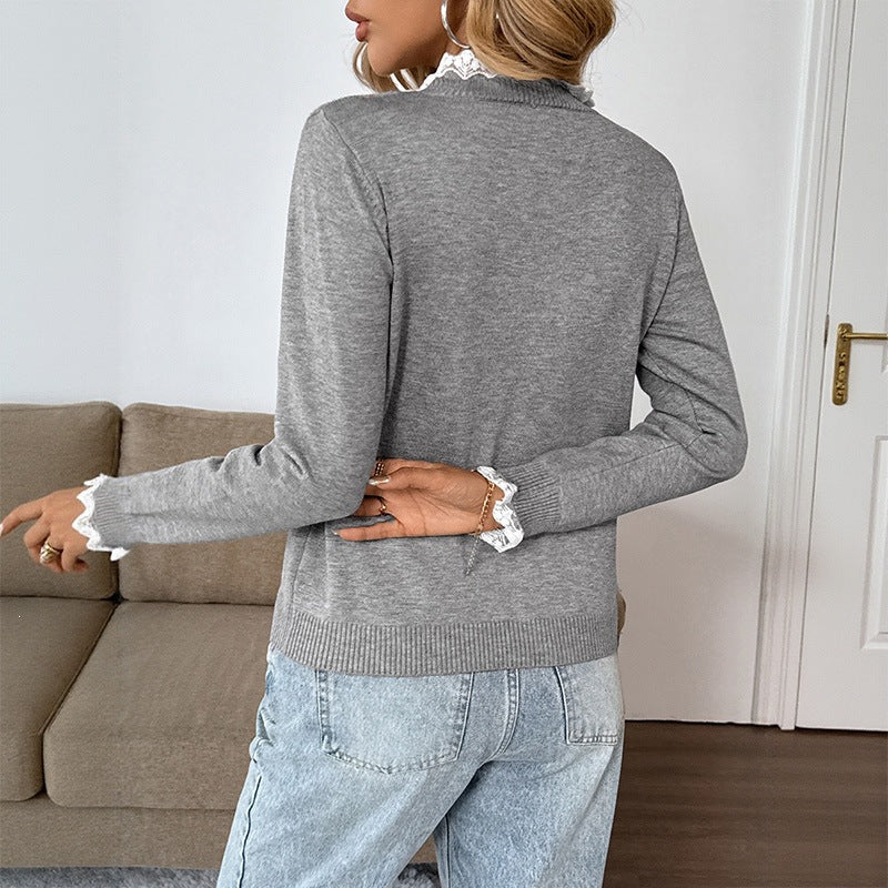 Ladies Fine Knit Sweater with Lace Collar, Henley Button Placket and Ribbed Cuffs Chichicherry
