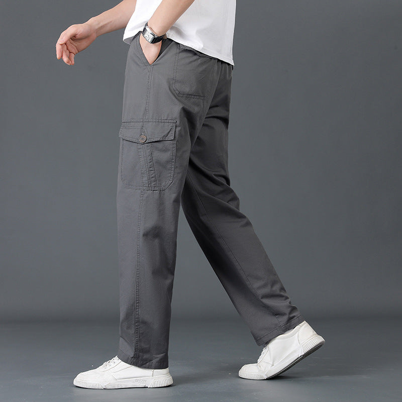 Men's Wide Cargo Pants with Elastic Waistband, Flap Pockets & Straight Leg Chichicherry