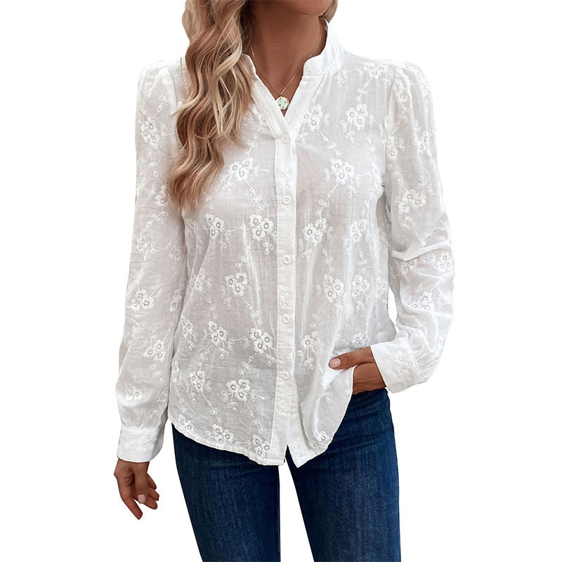 Women's lightweight embroidered voile blouse with stand-up collar and full button placket Chichicherry