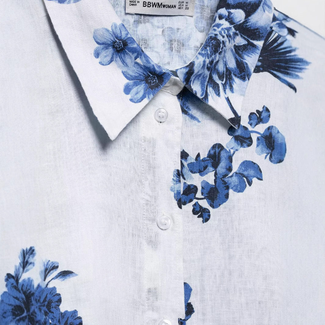 Women's Loose Shirt with Floral Allover Print and Continuous Button Placket Chichicherry
