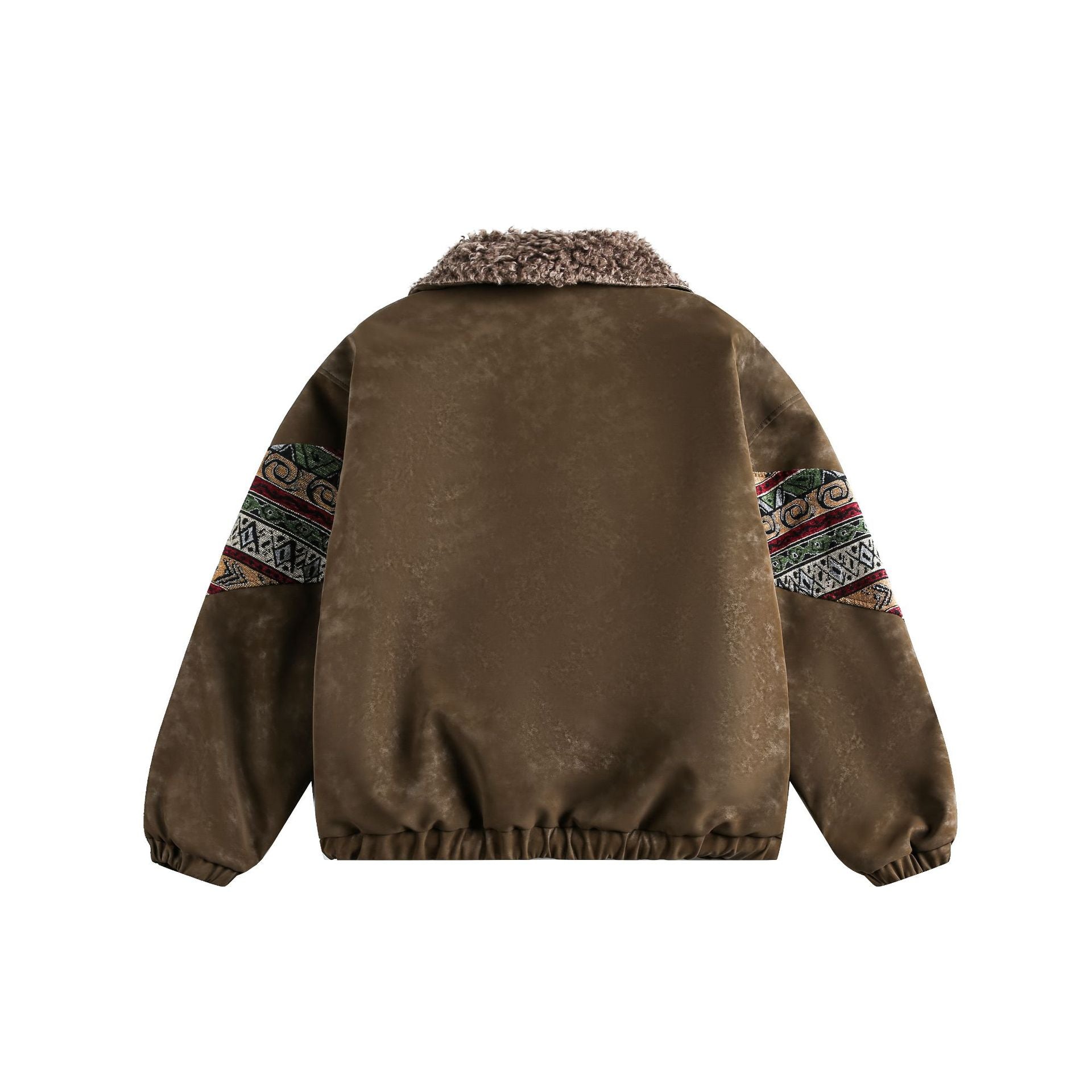 Ladies Short Suede Bomber with Faux Fur Collar and Ethnic Knit Inserts Chichicherry