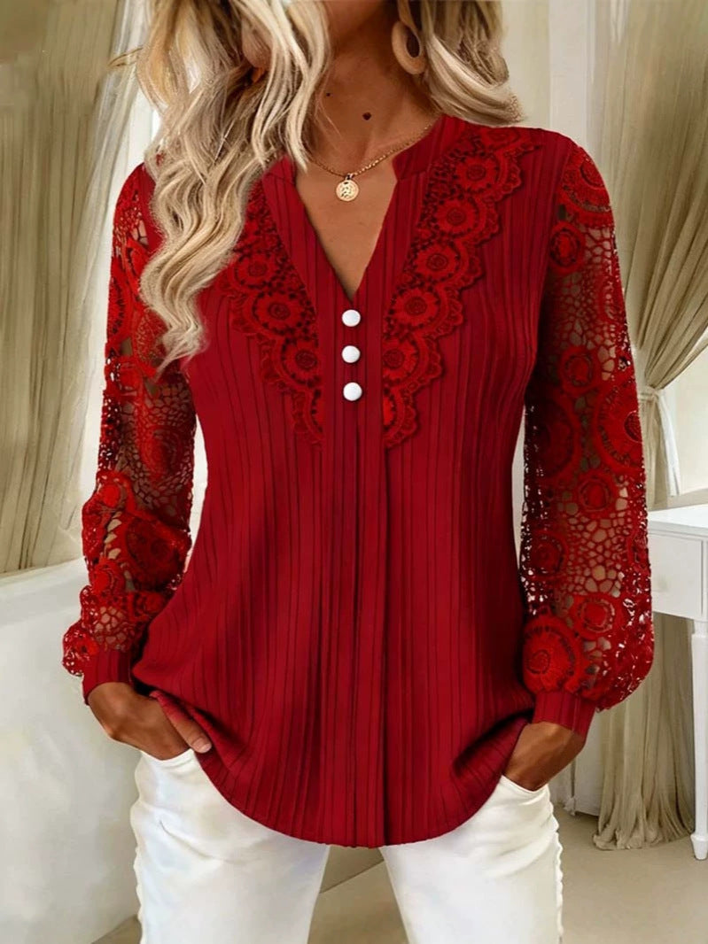 Women's Elegant Pleated Blouse with Lace Sleeves and V-Neck Chichicherry