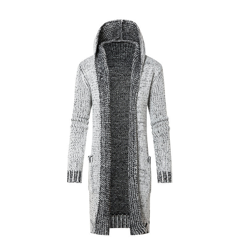 Women's Long Hooded Knit Cardigan with Deep Ribbed Texture and Patch Pockets Chichicherry