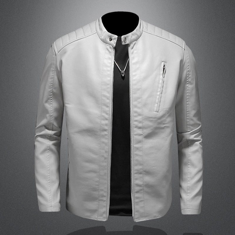 Men's Slim Leather Jacket in Biker Look with Stand-Up Collar and Vertical Chest Pocket Chichicherry