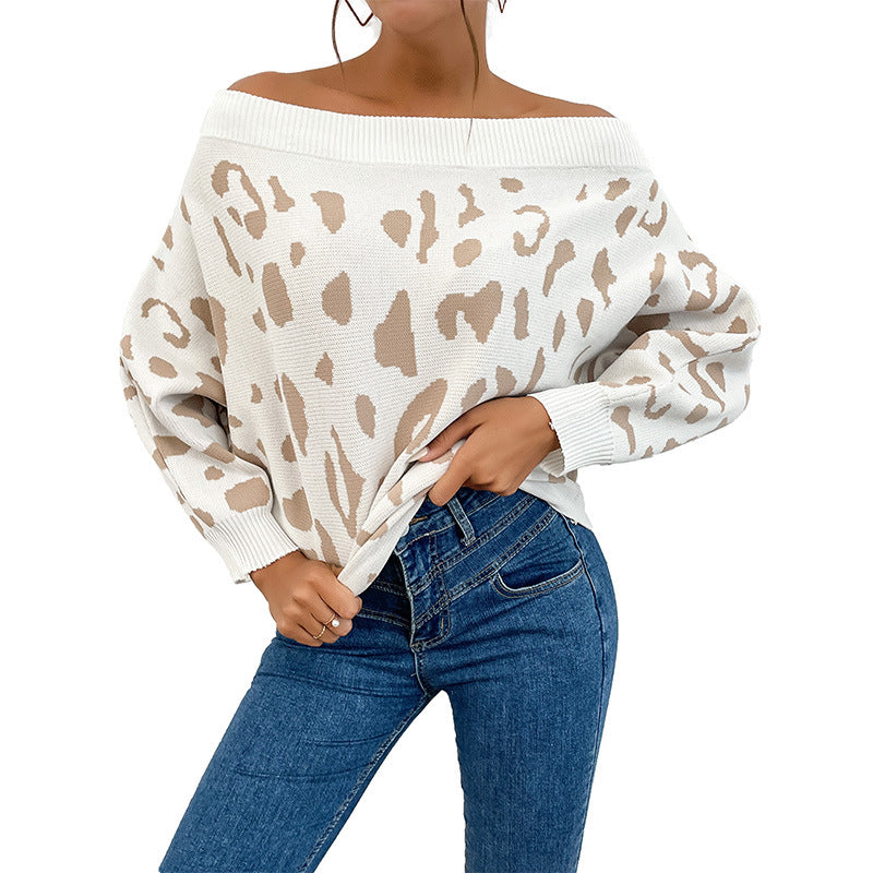 Women's Oversized Off-Shoulder Fine Knit Sweater with Animal Jacquard and Wide Folded Collar Chichicherry