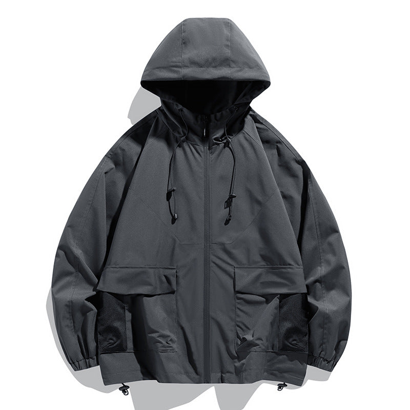 Men's Oversize Hooded Windbreaker with Multi-Pockets, Mesh Inserts and Drawstring Chichicherry