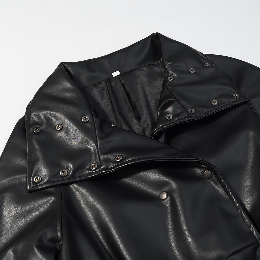 Women's Water-Repellent Parka Jacket Made of Faux Leather with High Stand Collar and Tunnel Drawstring Waist Chichicherry