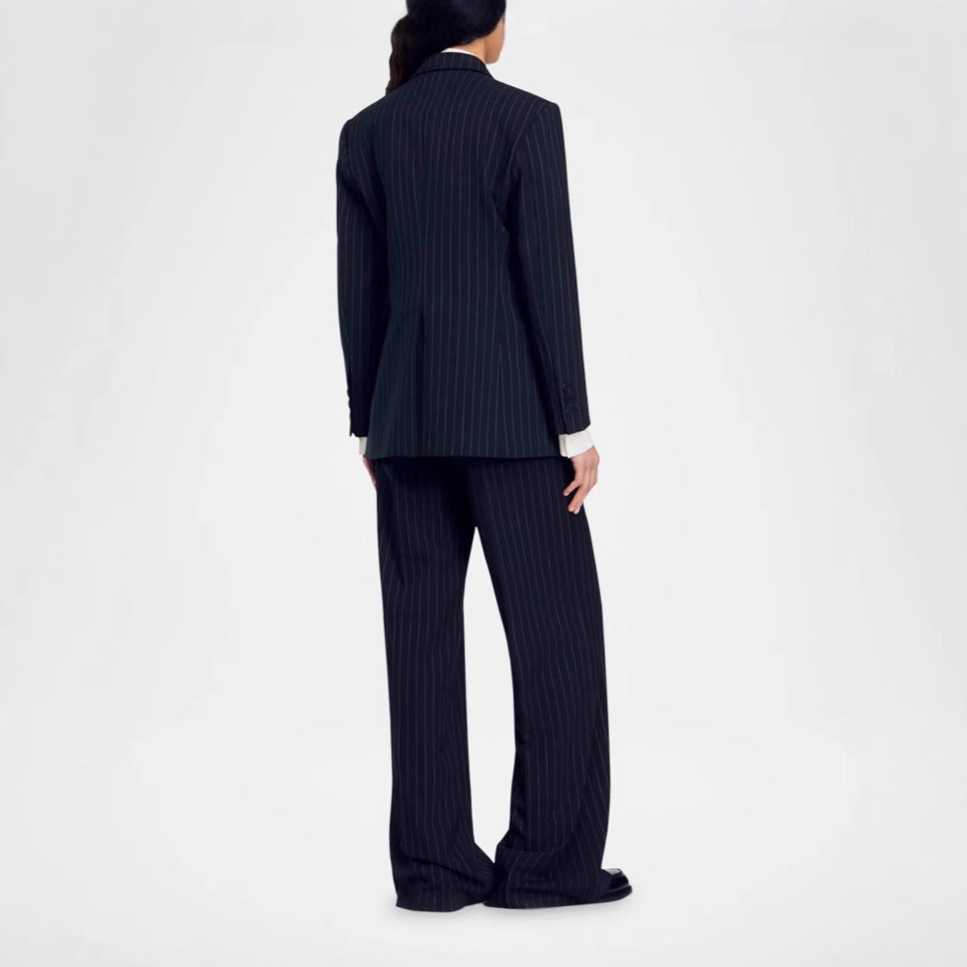 Women Double-Breasted Pinstripe Suit with Oversized Blazer and Wide Pleated Pants Chichicherry