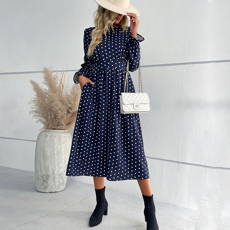 Women's Polka Dot Midi Dress with Ruffled Waist and Balloon Sleeves Chichicherry