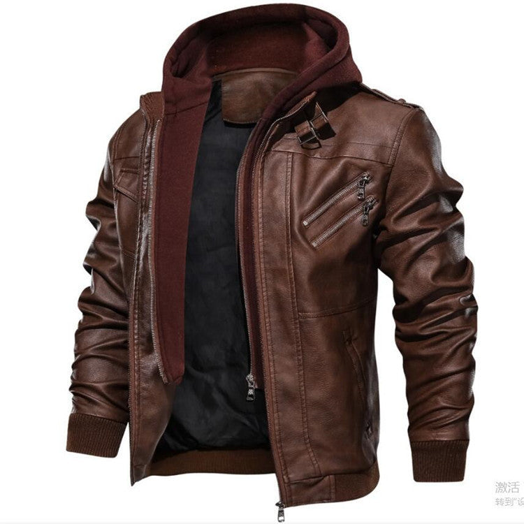 Men's Faux Leather Bomber Jacket in Aviator Look with Hooded Lining and Angled Zipper Pockets Chichicherry