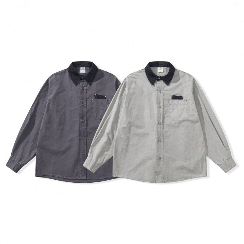 Men's Oversized Shirt Jacket with Cord Collar, Chest Pocket and Stud Detail Chichicherry