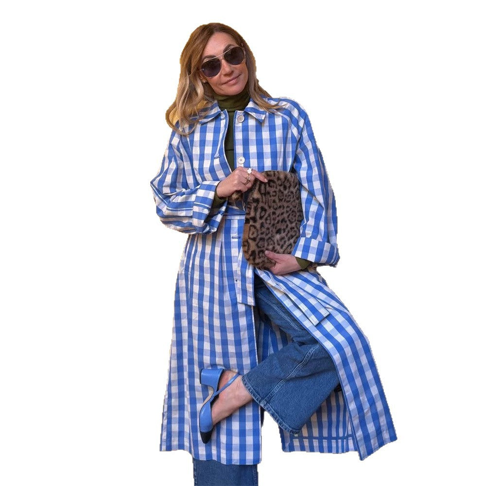 Women's long checkered coat with waist belt and shirt collar Chichicherry