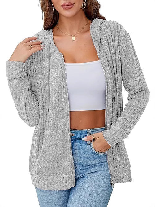 Women’s knitted hooded jacket with zipper, textured knit, and kangaroo pockets Chichicherry