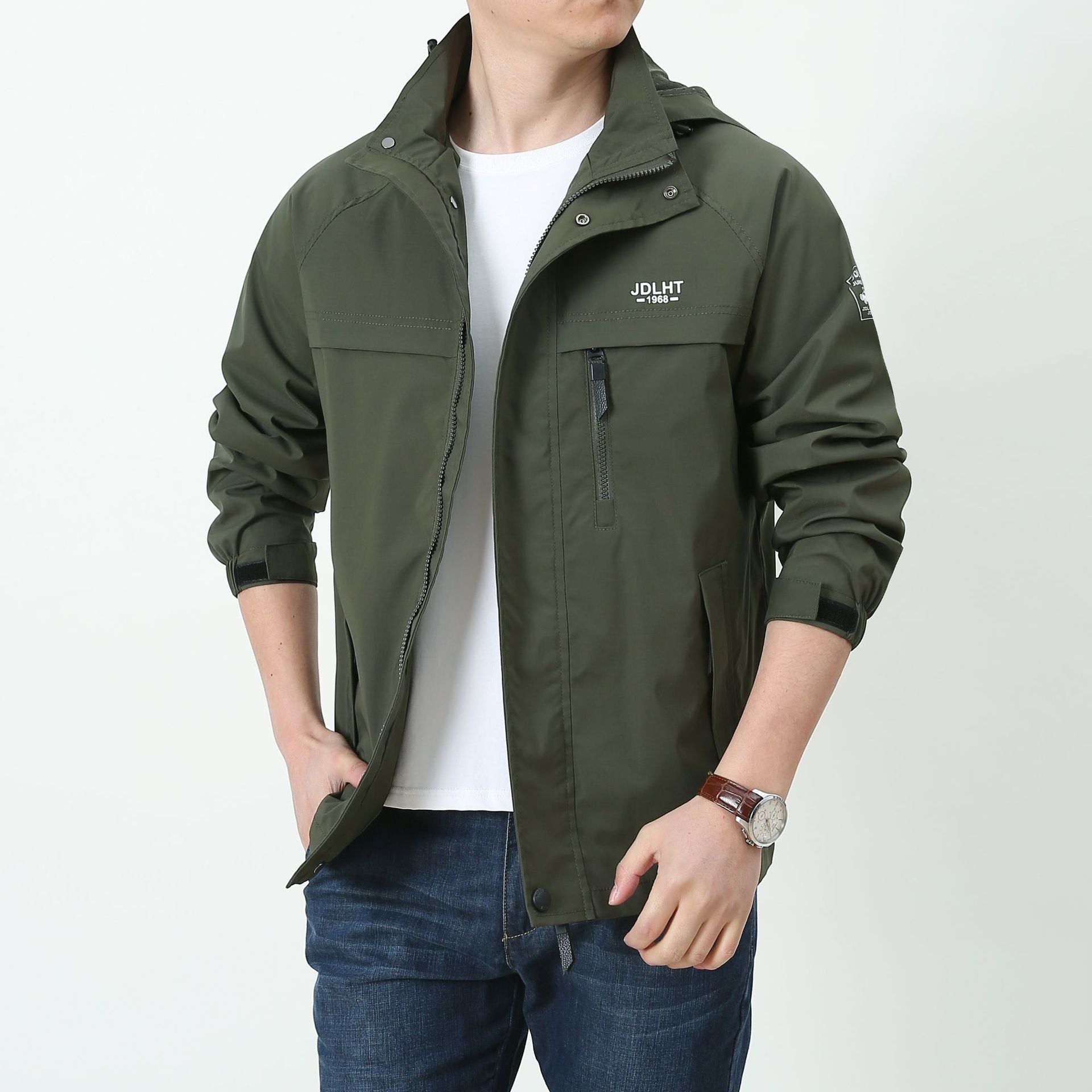 Men's Lightweight Softshell Utility Jacket with Hood, Windproof Shell and Multiple Pockets Chichicherry