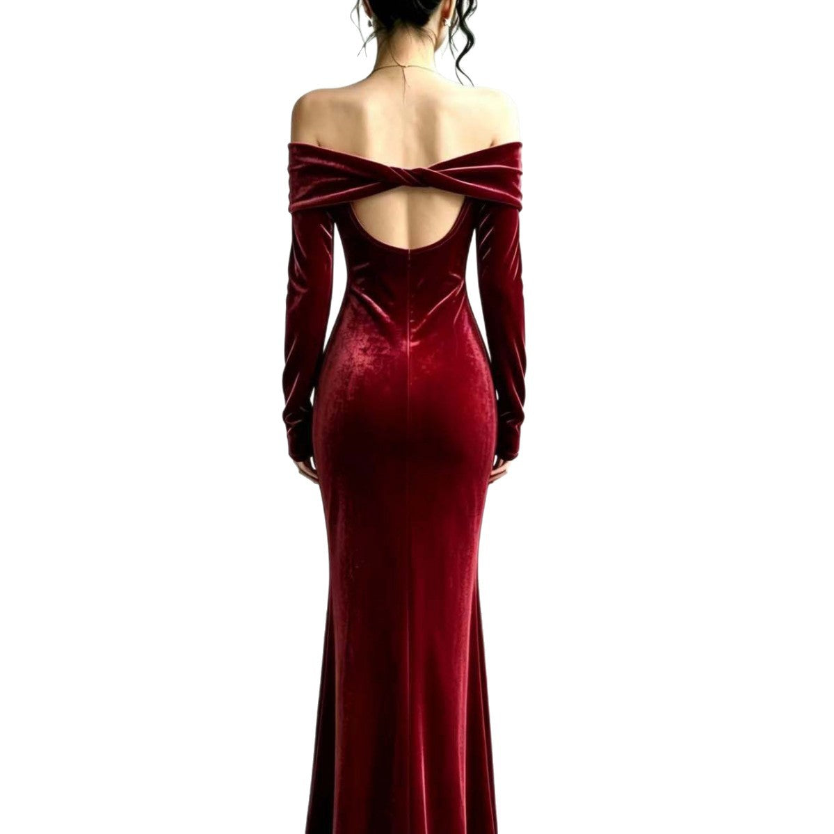 Women Long Velvet Evening Dress with Off-Shoulder Neckline and Deep Back Cutout Chichicherry