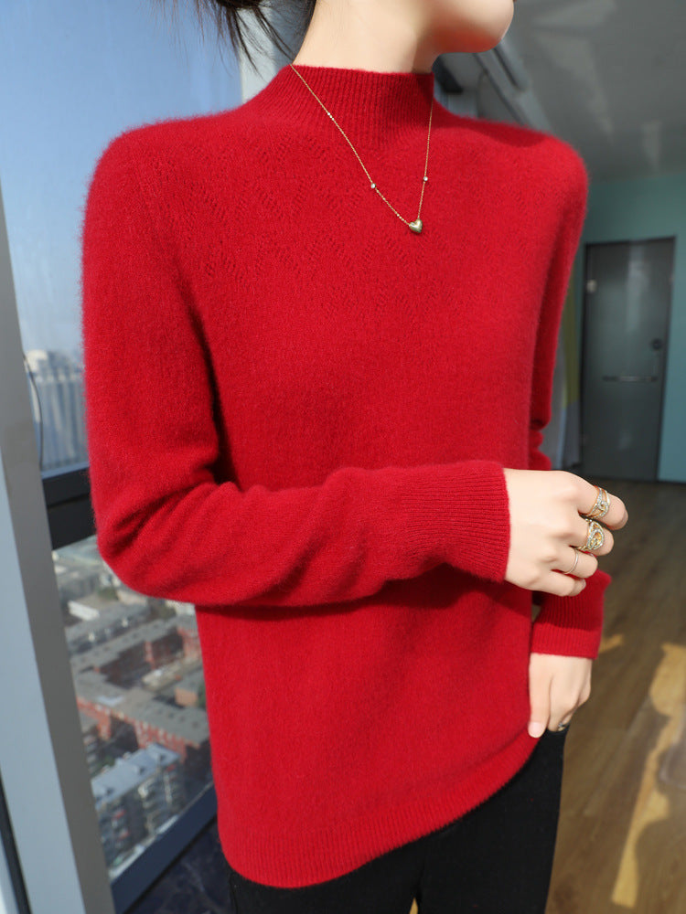 Women's Slim Minimalist Stand Collar Fine Knit Sweater with Ribbed Neck Chichicherry