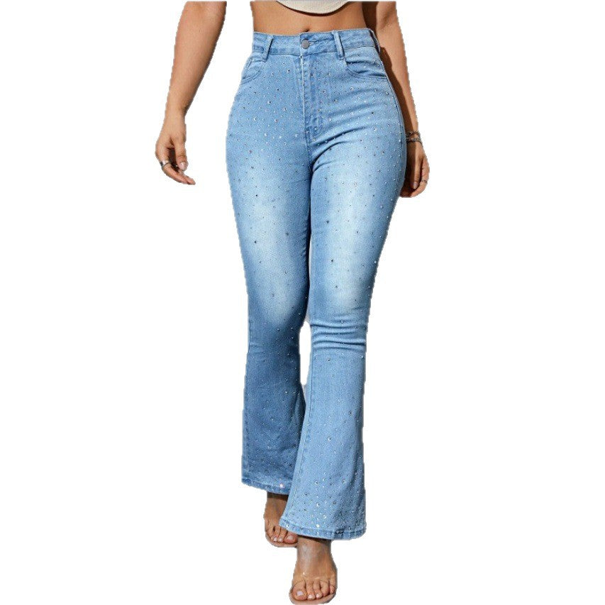 Women's High-waisted Flared Jeans with Pearl Embellishment and Sculpting Stretch waistband Chichicherry