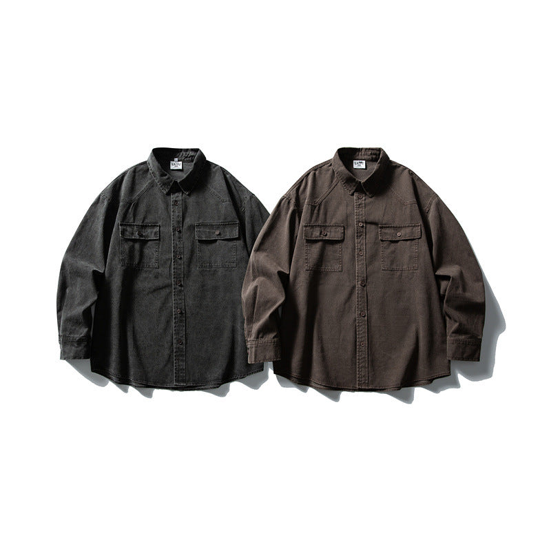 Unisex Oversize Cotton Denim Shirt Jacket with Patch Chest Pockets and Curved Hem Chichicherry
