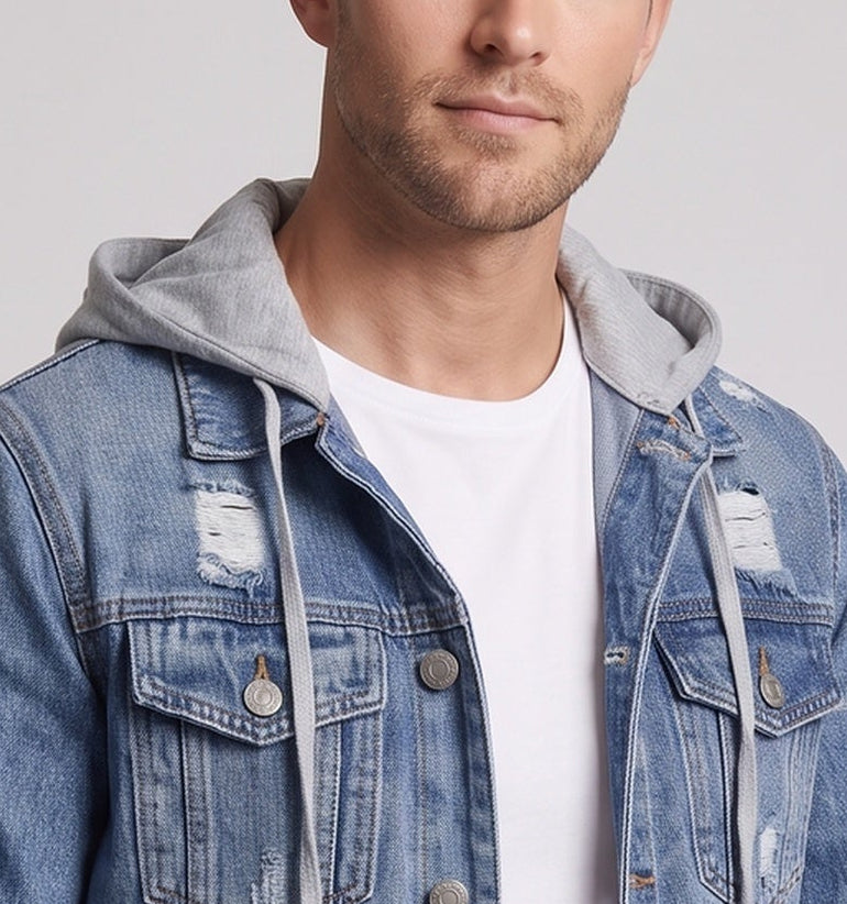 Men's denim jacket with attached jersey hood, light used effect and chest pockets Chichicherry