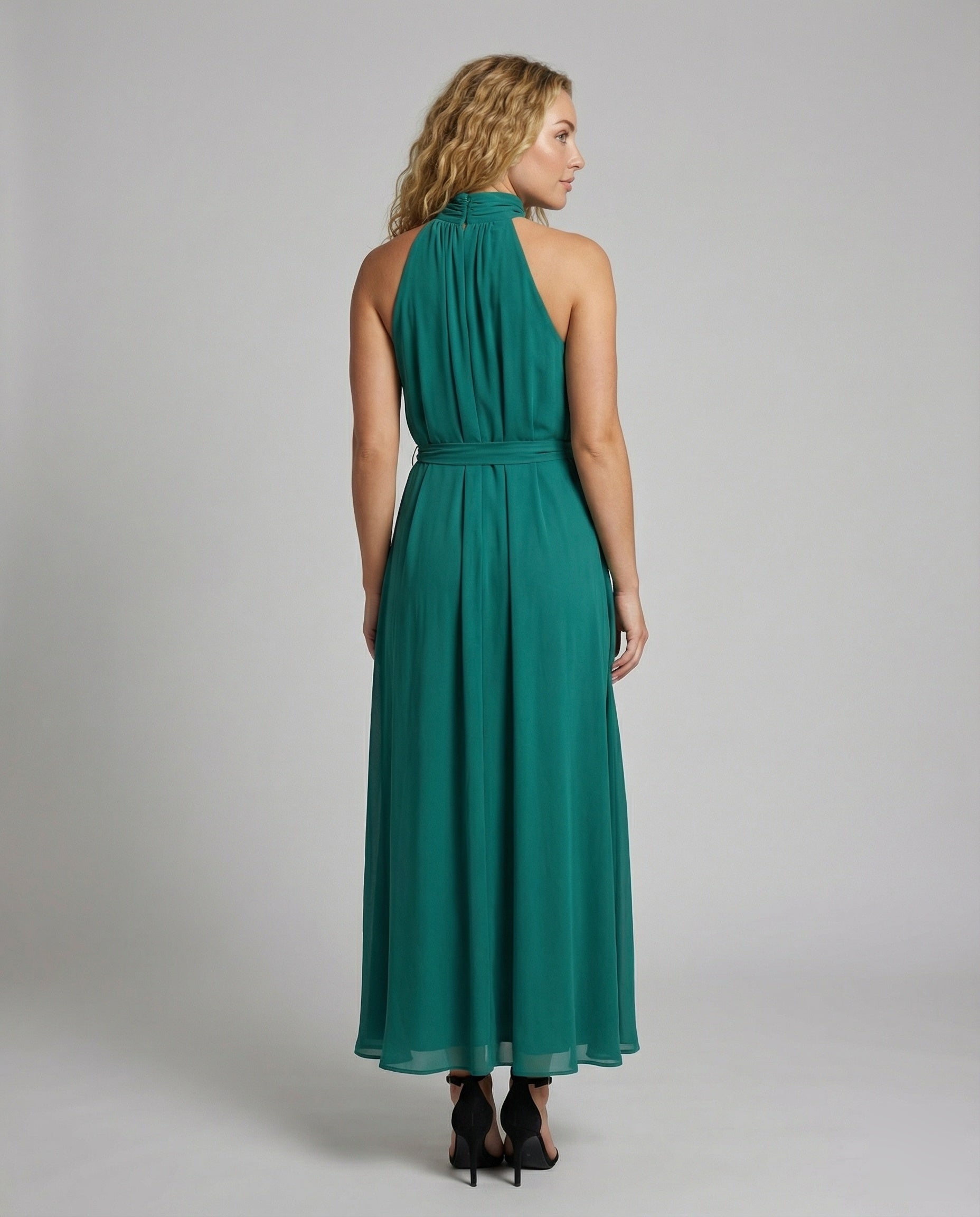 Women's Chiffon Maxi Dress Stand Collar Belt Tie