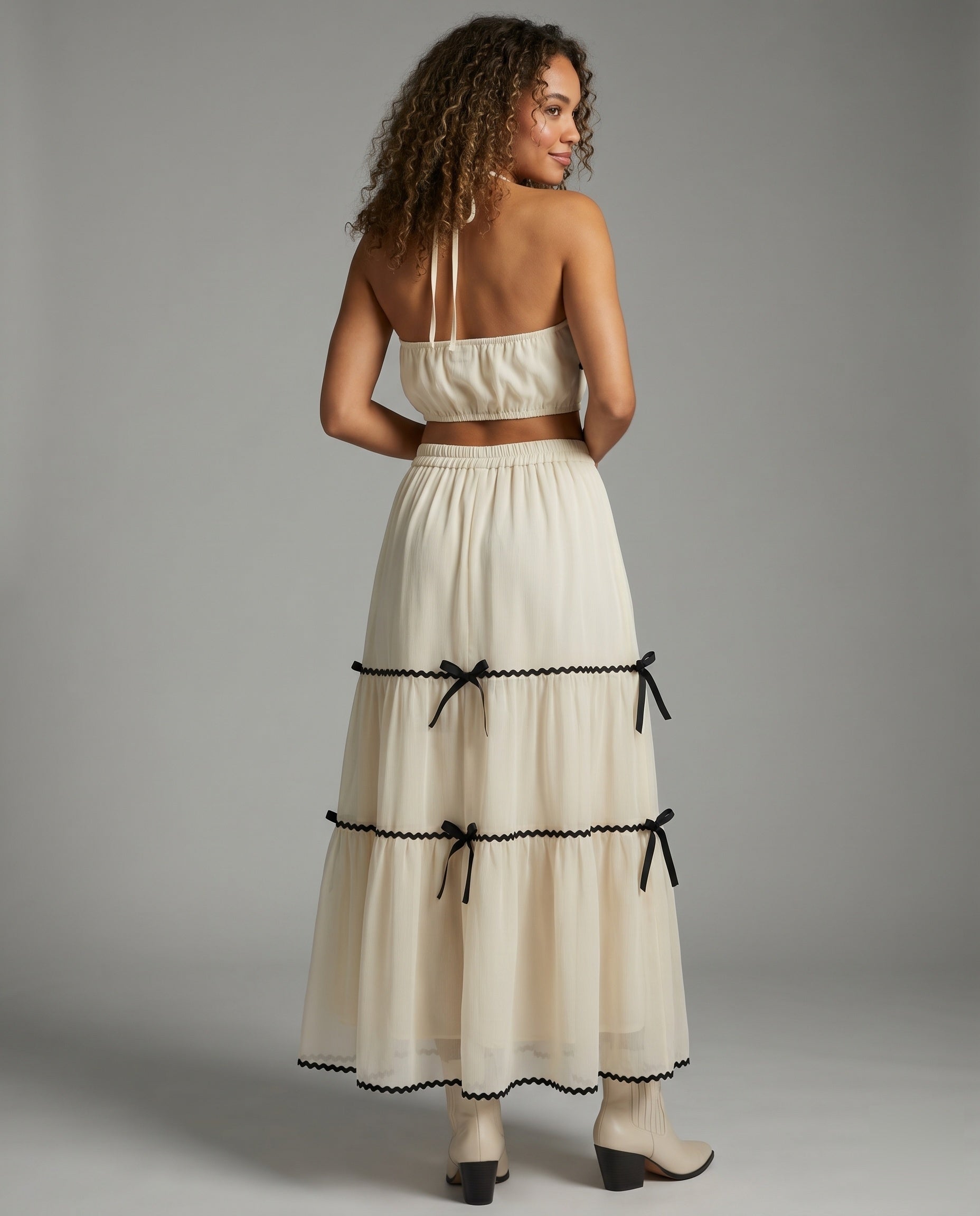 Women's Halter Beach Set Ruffle Maxi Skirt Contrast Bands Two-Piece