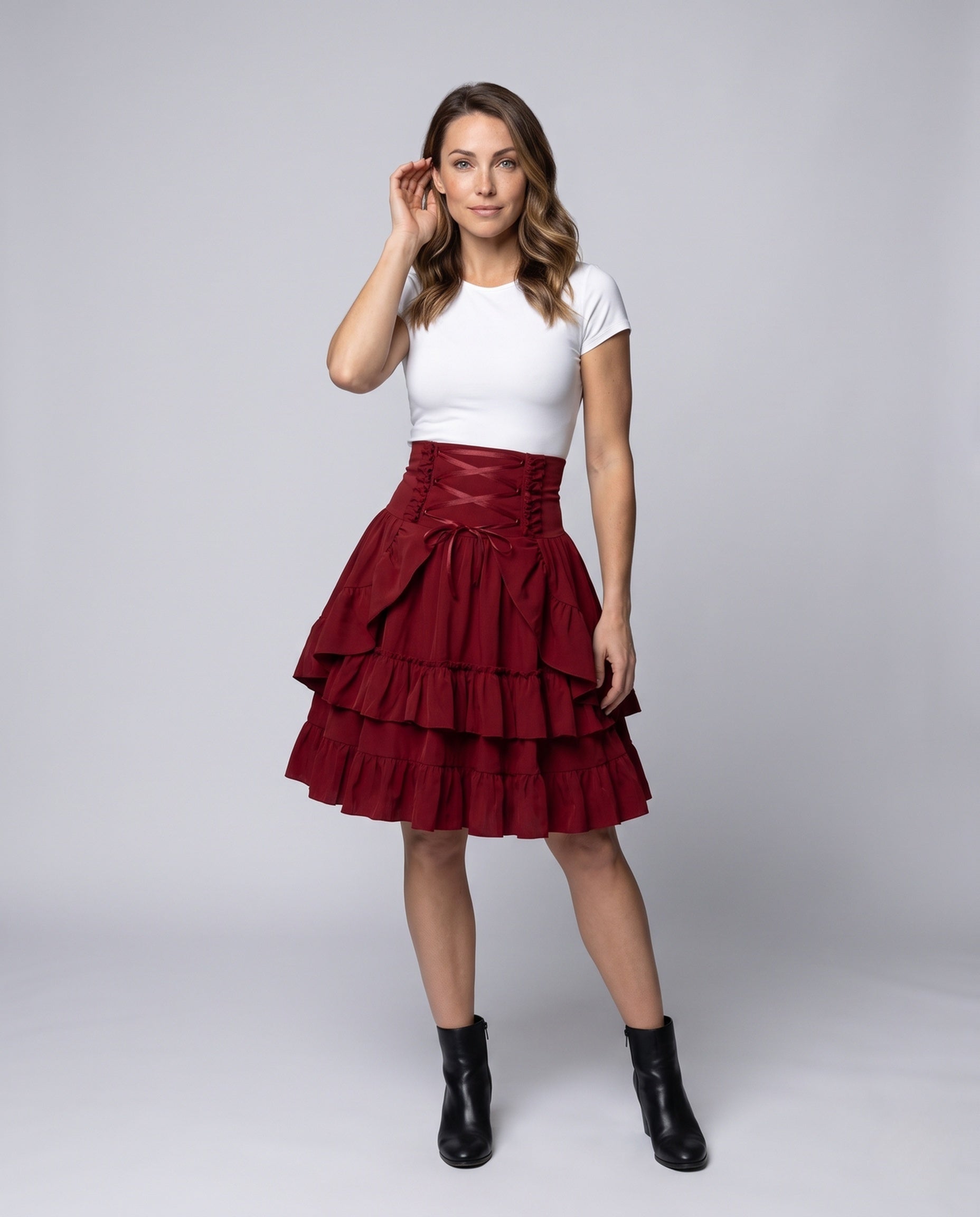 Women Sweet Ruffled Dress with Apron Design and Lacing Details Chichicherry