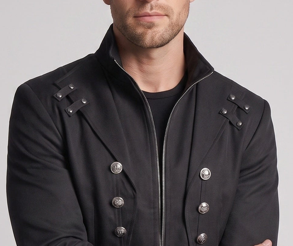 Men's stylish tailcoat with asymmetric hem and decorative button details Chichicherry