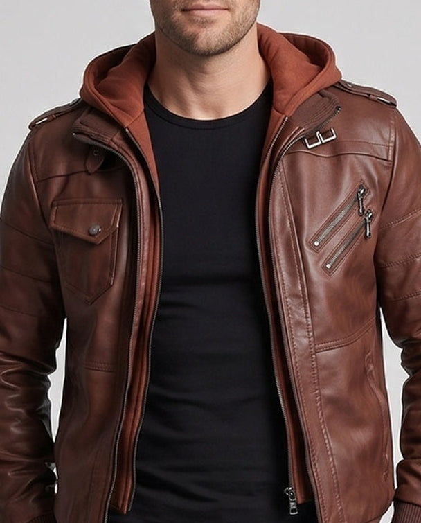Men's Faux Leather Bomber Jacket with Integrated Hood Lining, Utility Pockets & Ribbed Cuffs Chichicherry