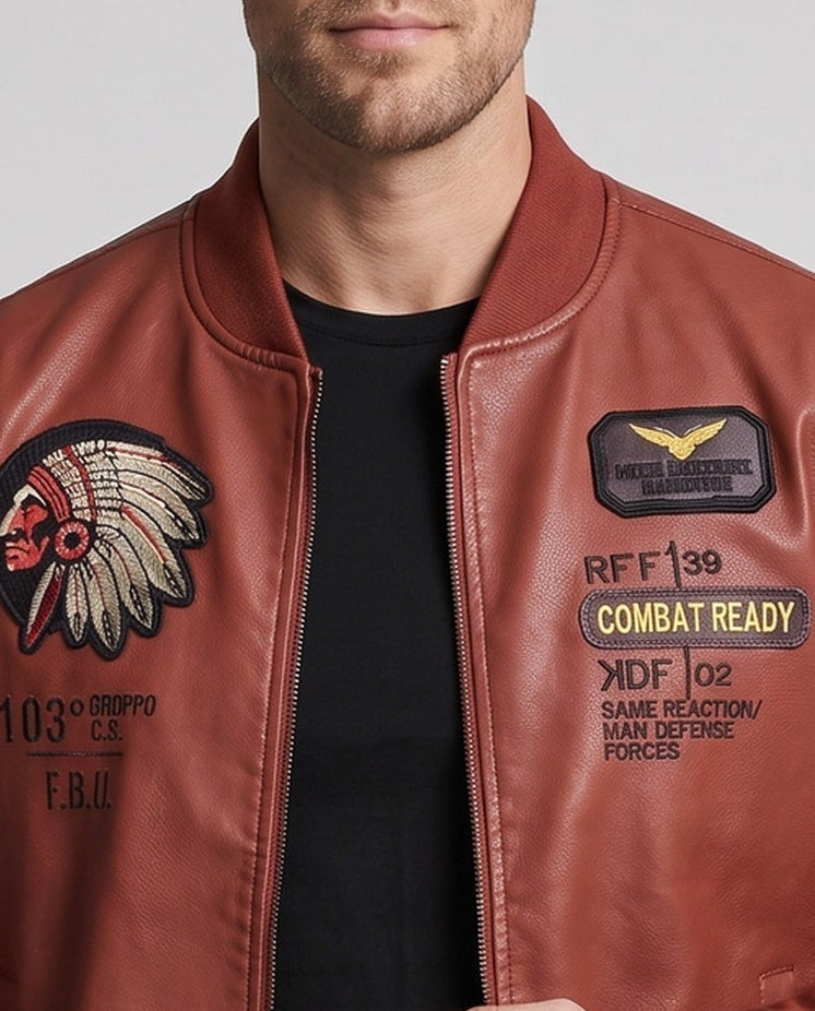 Men's Faux Leather Pilot Jacket with Badge Applications & Teddy Lining Chichicherry