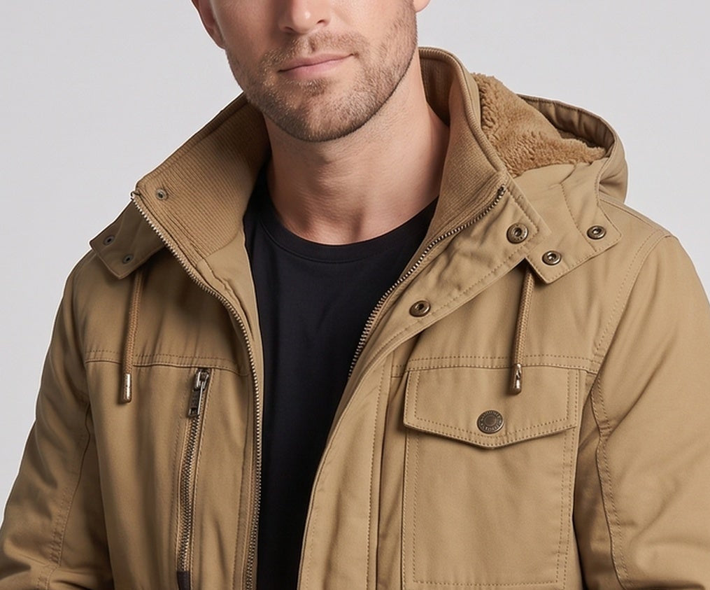 Men's Robust Canvas Field Jacket with Hood, Multi-Pockets & Tailored Fit Chichicherry