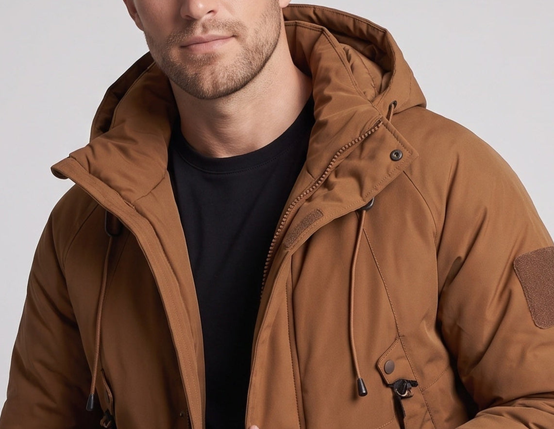 Men's Technical Hooded Parka with Extended Back, Thermal Quilting & Multi-Function Pockets Chichicherry