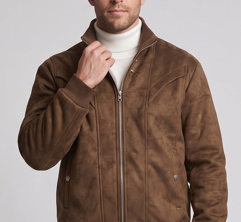 Men's Padded Velour-Optic Bomber Jacket with Teddy Lining and Ribbed Collar Chichicherry