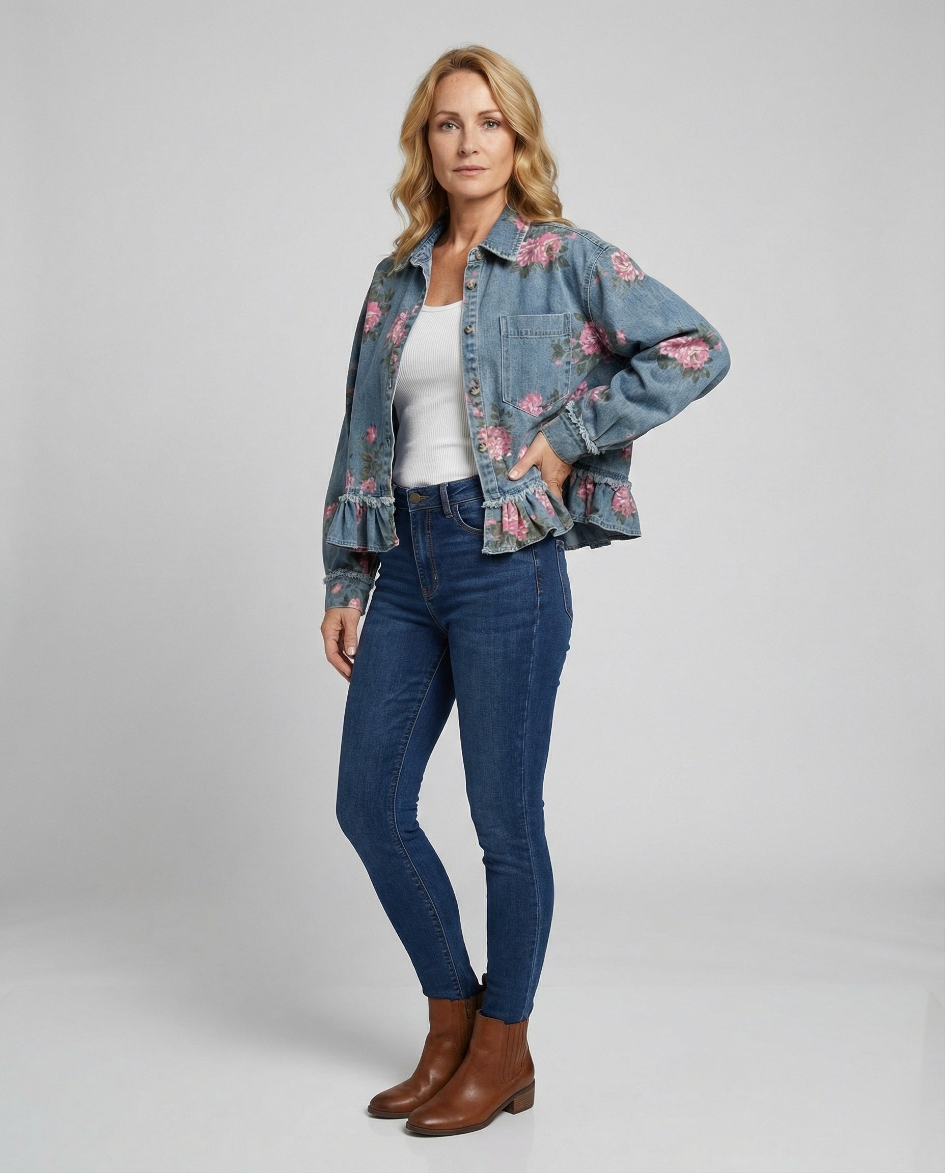 Women’s denim jacket short with floral print